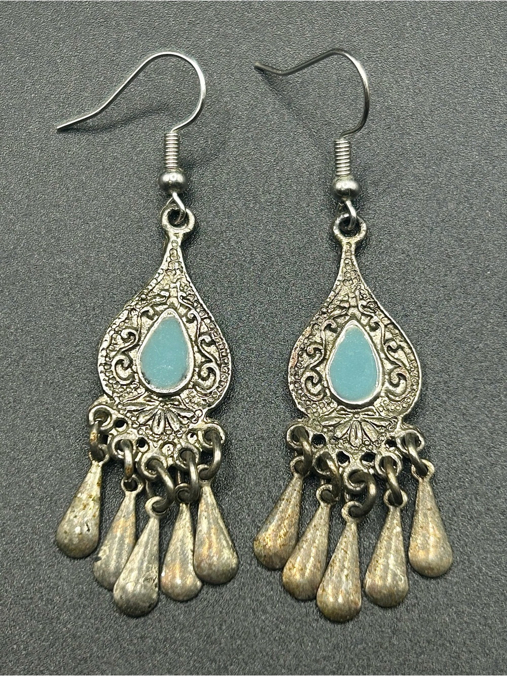 Silver Tone Teardrop Dangle Earrings - Turquoise Accent, Metal Fringe, Bohemian